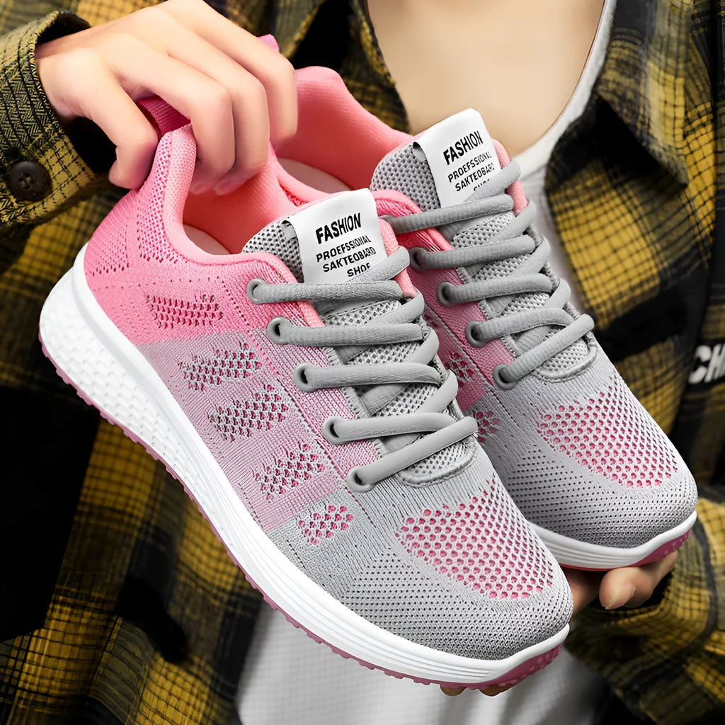 Women's Flyknit running shoes in black, rose red, or gray pink with a soft sole and flat heel.