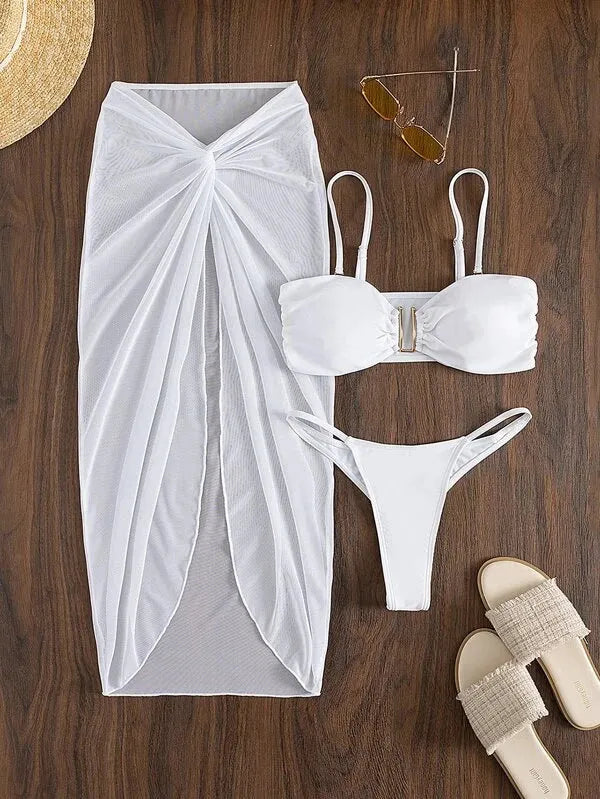 Women's three-piece bikini set with long culotte skirt in multiple solid colours