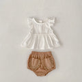Baby girl flying sleeve top and bloomer shorts two-piece cotton set in creamy white with lace trim