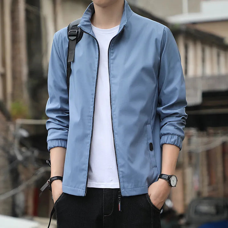Korean style loose lapel casual jacket in black, lightweight polyester blend construction with zipper closure