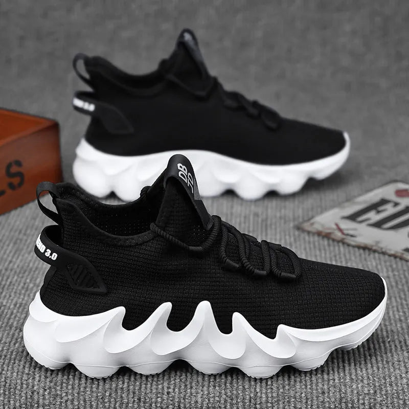 Men's black sock-like casual shoes with lace-up front on a flat heel, wear-resistant sole.
