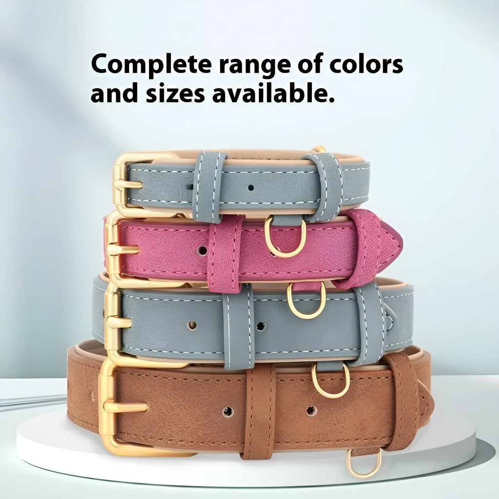 Double-layer leather dog collar with mohair lining and a matching traction rope in rose red.