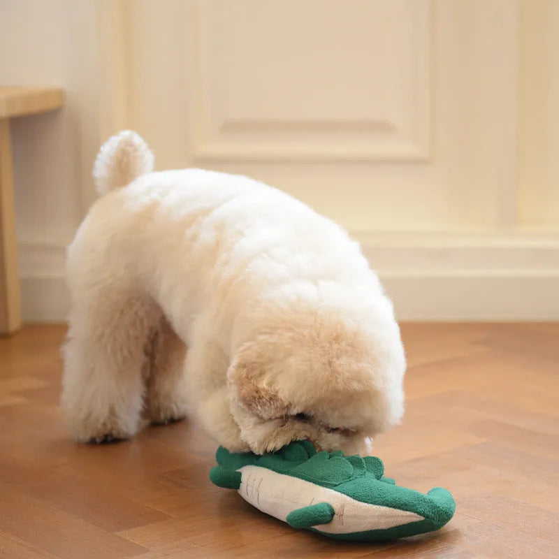 Green plush toy dog soft toy measuring 35cm long on a white background.