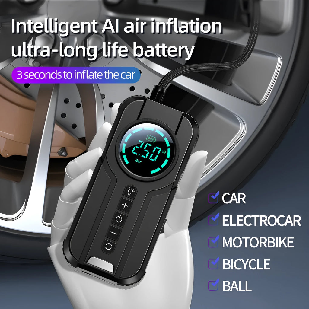 Black portable wireless air pump with digital display, battery, and nozzle accessories on a grey background.