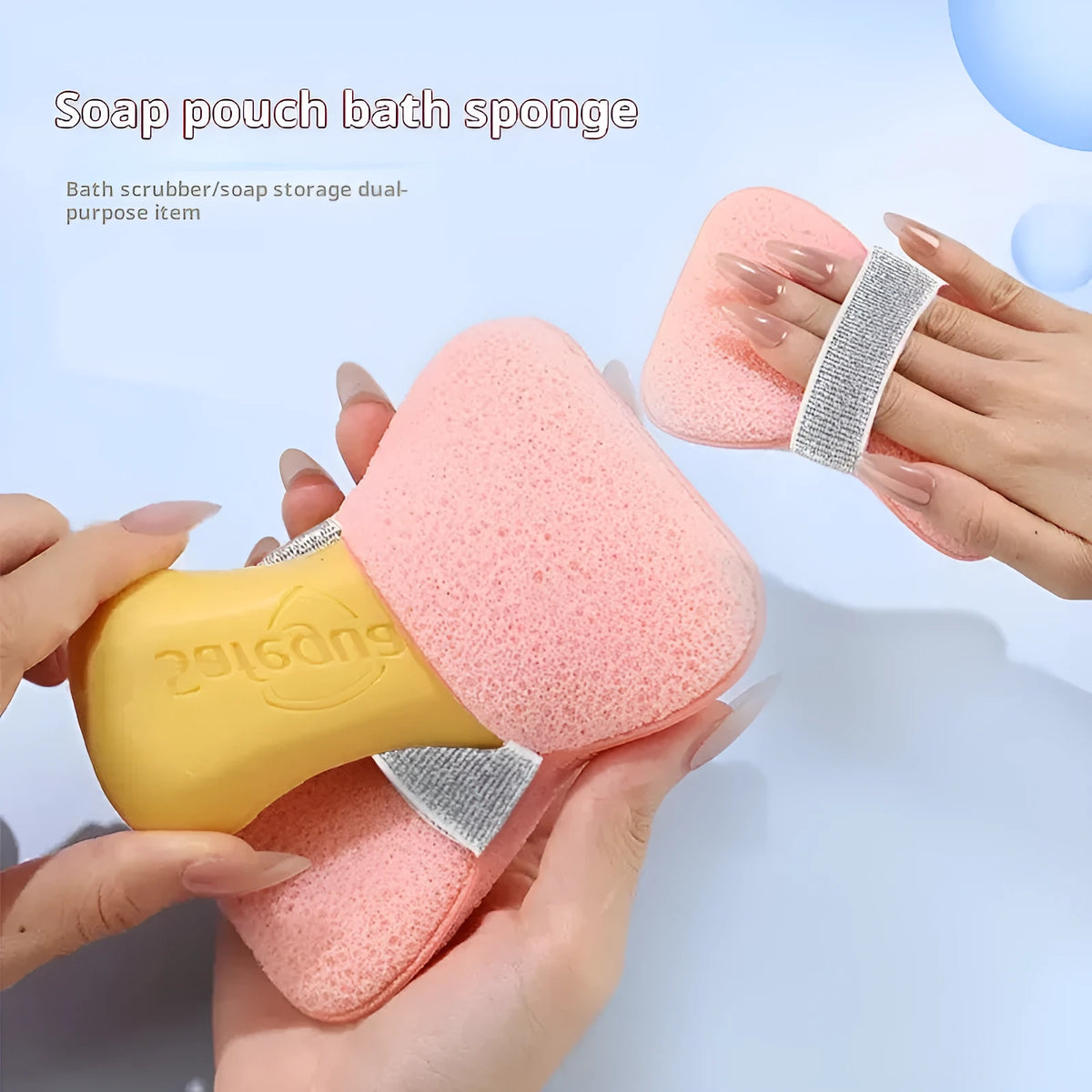 Soap bag bath sponge in cherry blossom pink made of hydrophilic polyurethane, size 12x8.5x2cm