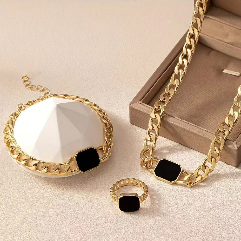 Geometric square chain jewellery set with necklace bracelet and ring in black electroplated alloy
