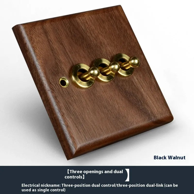 Black walnut solid wood panel brass work driving arm dual control switch socket in walnut colour