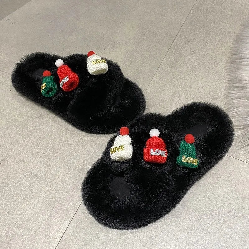 Women's Christmas hat decoration super hairy faux plush slippers with rubber sole.