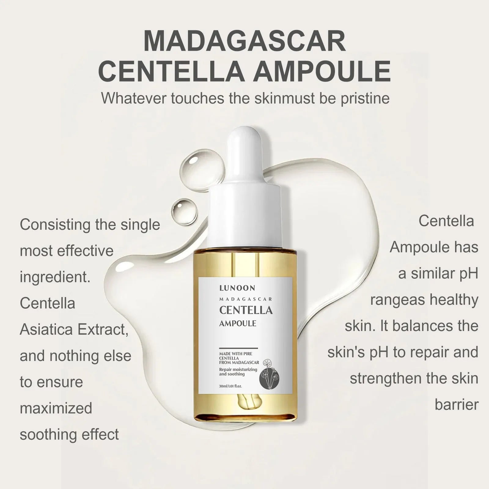Centella Asiatica facial essence serum 30 ml bottle for pore shrink, brightening, and soothing on a white background