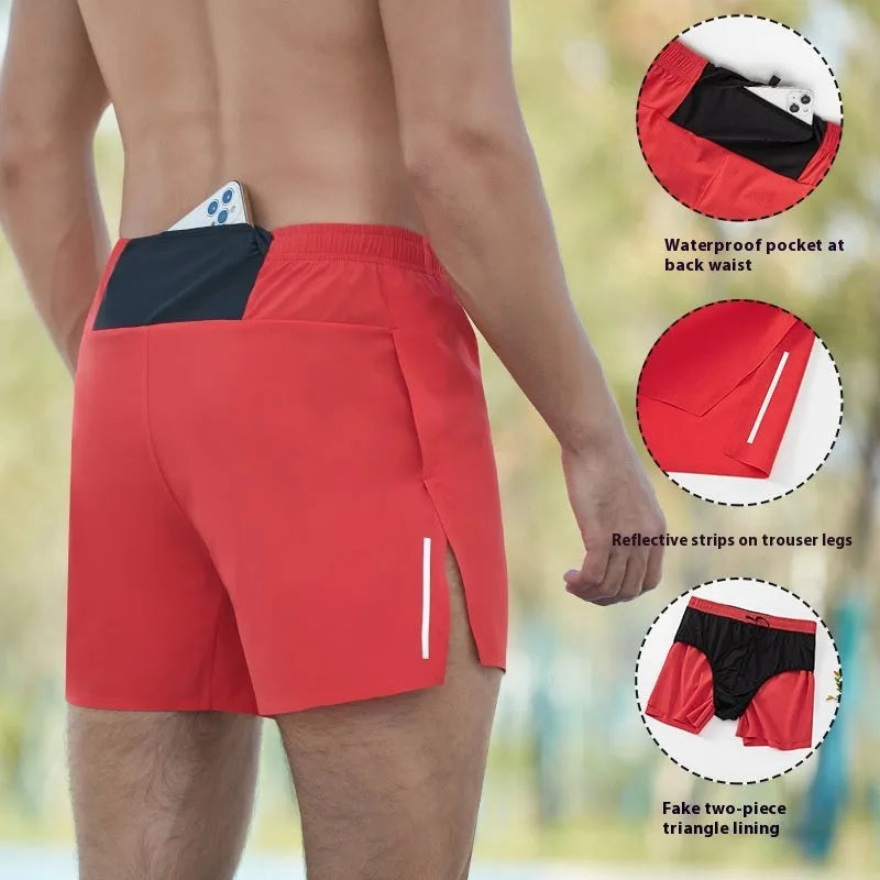 Men's red off-road running shorts with a high waist and loose fit, shown for marathon and cross-country running.