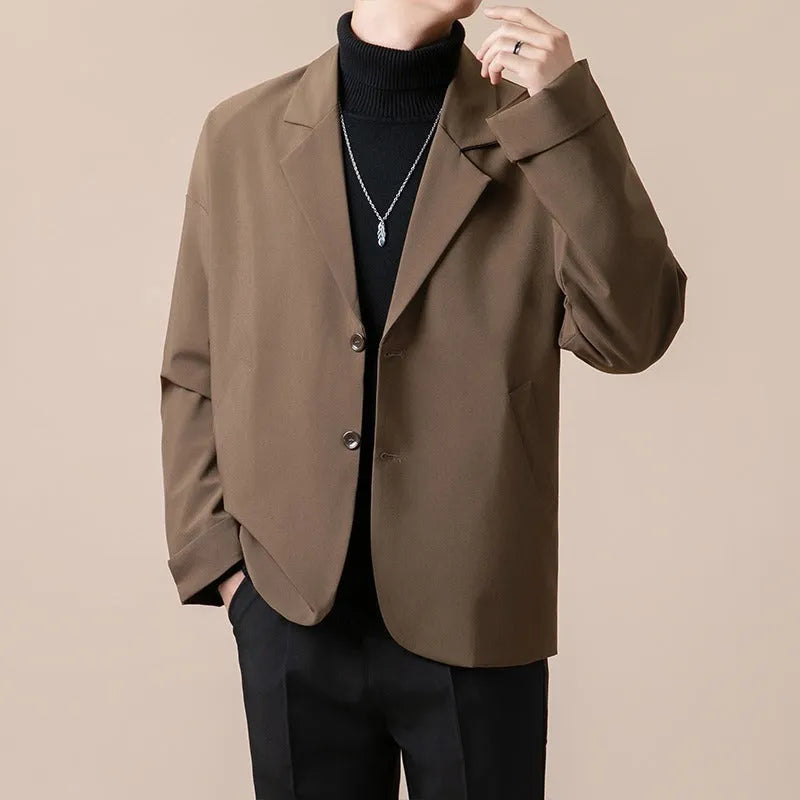 Casual loose fit polyester blend all-match suit jacket for men in black, dark gray, apricot, brown