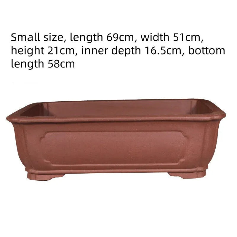 Handmade rectangular purple clay flowerpot shown in a large size for bonsai or garden plants