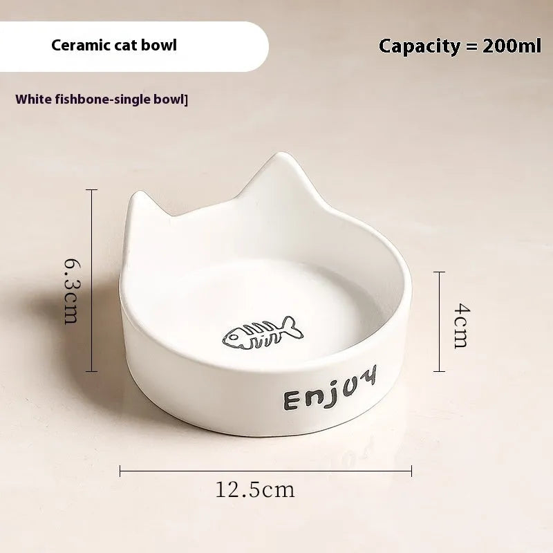 Porcelain cat bowl with wooden anti-tumble frame in chosen colour with cat ear design