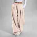 Women's high-waisted loose straight pants with pockets in black polyester fabric
