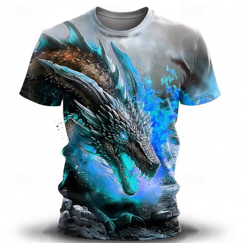 Men's grey T-shirt with a detailed 3D blue wind dragon print on the front.