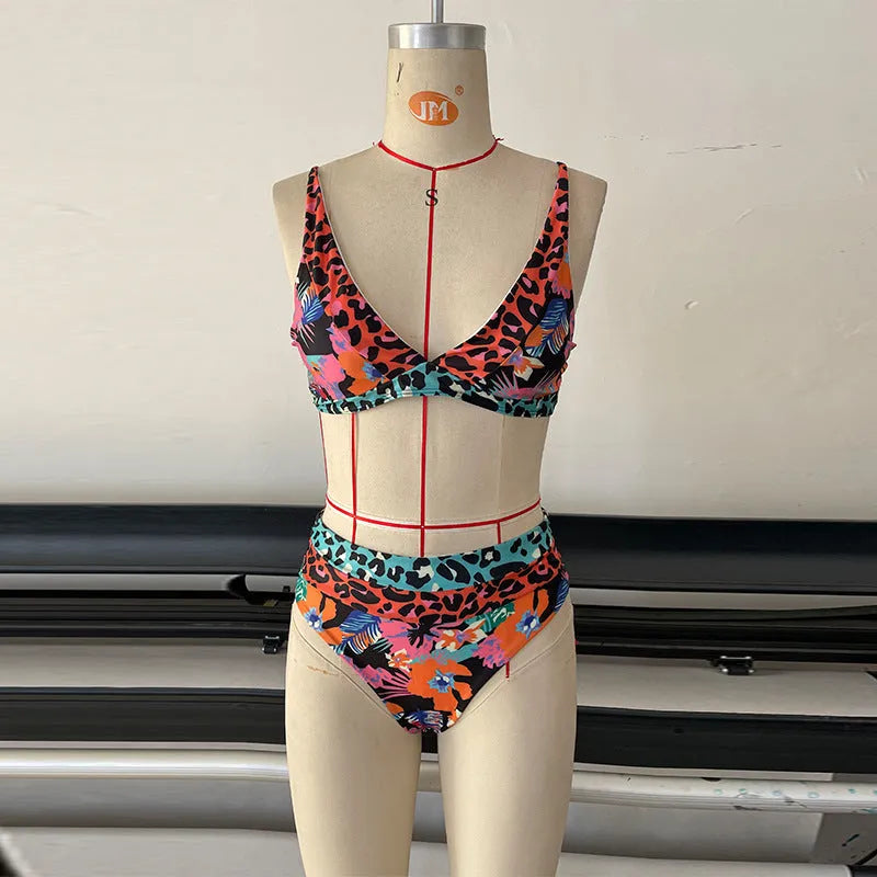 Women's floral print high-waist bikini set shown in product colour.