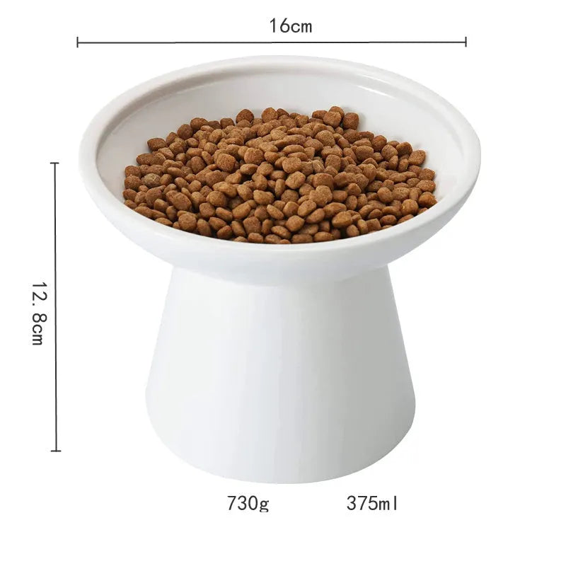 Ceramic elevated cat food bowl with wide shallow design in blue colour