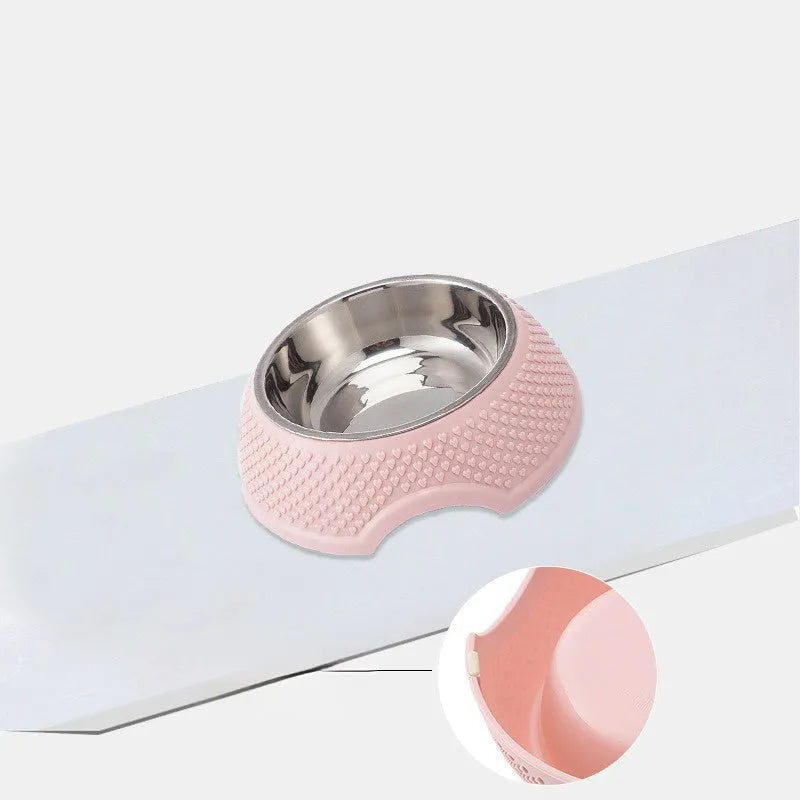 Blue stainless steel square pet bowl with a non-slip base for cats and small dogs