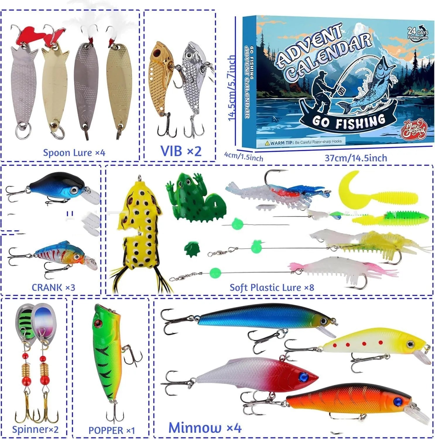 Christmas Advent Calendar Fishing Gear Set in 14x9x1.5 inch box with holiday packaging