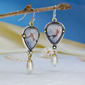 Retro blue Bohemian drop earrings with synthetic opal and pearl stones on geometric metal setting