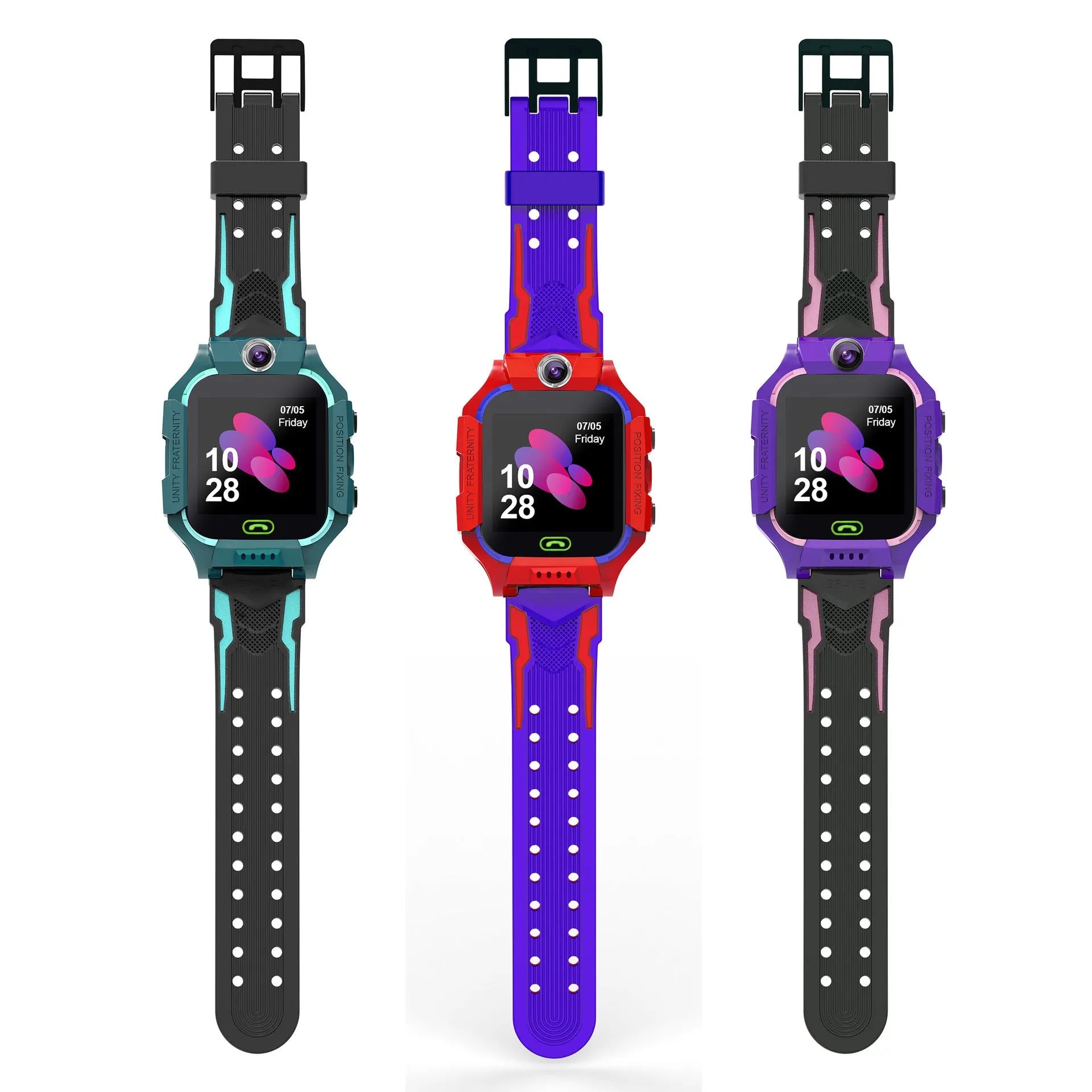 Student smart watch with touchscreen display and silicone wrist strap in pink, blue, or red colours