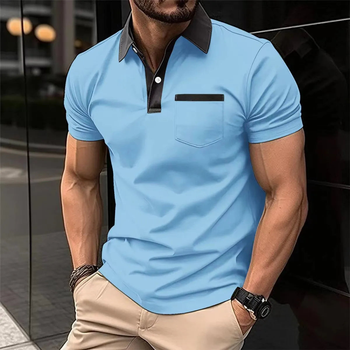 Men's lapel fashion slim pocket short-sleeved polo shirt in grey, cotton blend, loose fit