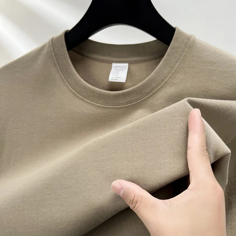 Men's thin cotton drop shoulder t-shirt in solid colour on hanger