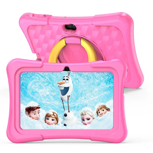 Blue children's educational tablet with a soft silicone protective cover, showing a 7-inch screen on a white background.