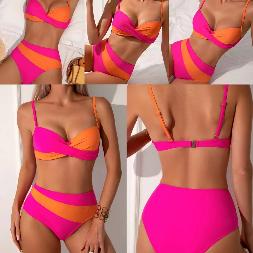Women's orange red split bikini with steel bracket bra and spandex-polyester lining sizes S to XL