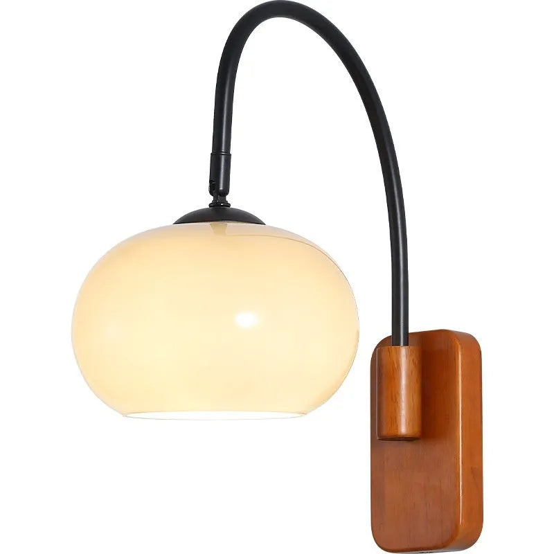 Creative retro glass wall LED lamp with walnut colour iron finish and milky white 32cm shade