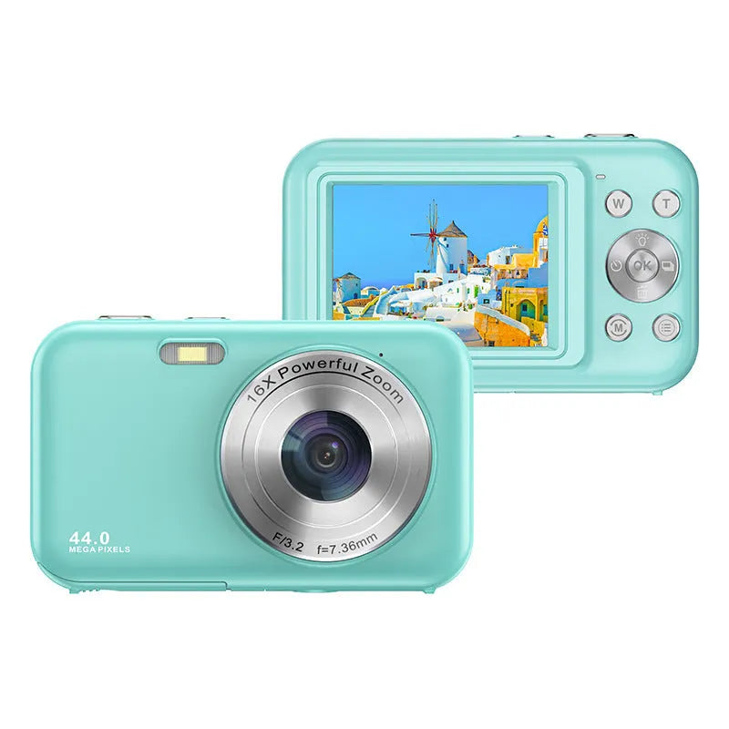 Children's digital camera in colours black, green, pink, purple with 2.4-inch screen, 44MP and 16X zoom.
