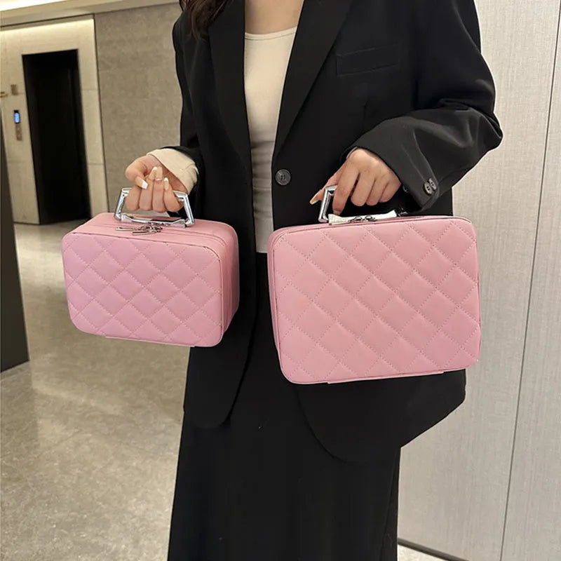 Rhombus-embroidery design cosmetic bag with handle and mirror, available in multiple colours, PU material, large capacity
