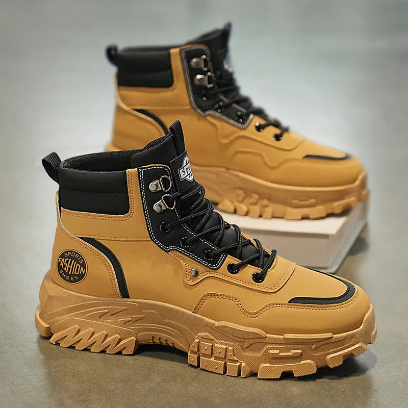 Men's black and yellow Martin boots with a mid-height heel and high-top design.
