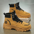 Men's black and yellow Martin boots with a mid-height heel and high-top design.