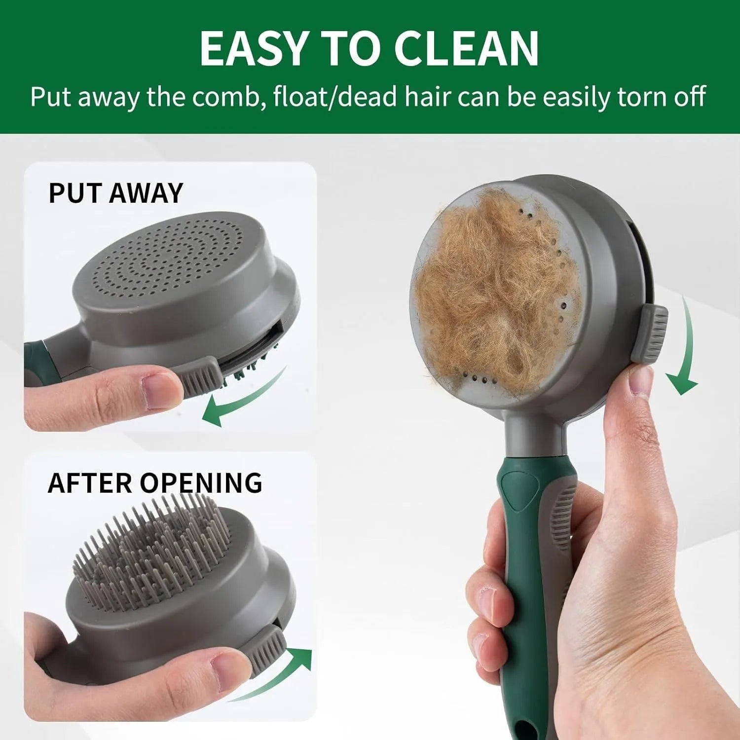 Green two-sided cat brush with retractable slicker and silicone massage pins on plastic handle