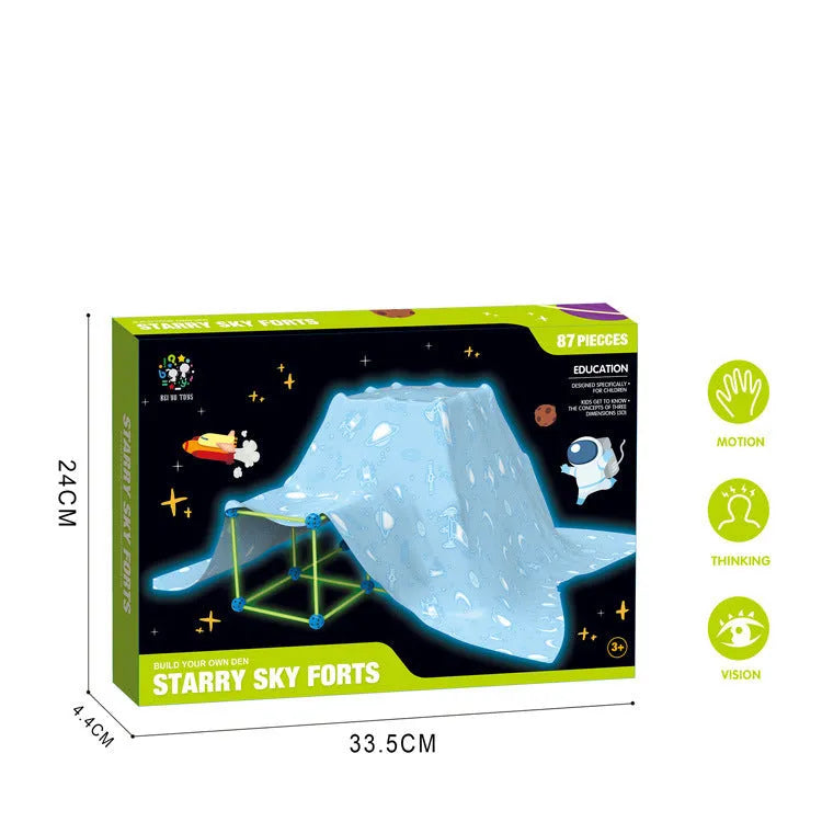 Luminous plastic fort building kit for kids with glowing sticks, balls, and fabric tent