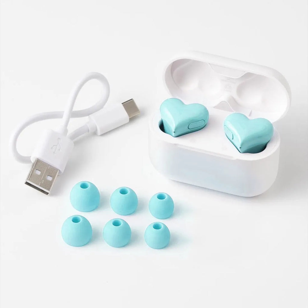 Heart shaped Bluetooth 5.0 wireless earphones in light purple with charging bay