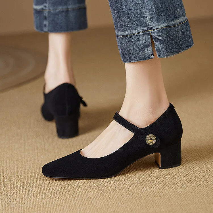 Women's black suede Mary Jane shoes with chunky heel and square toe bracket on white background