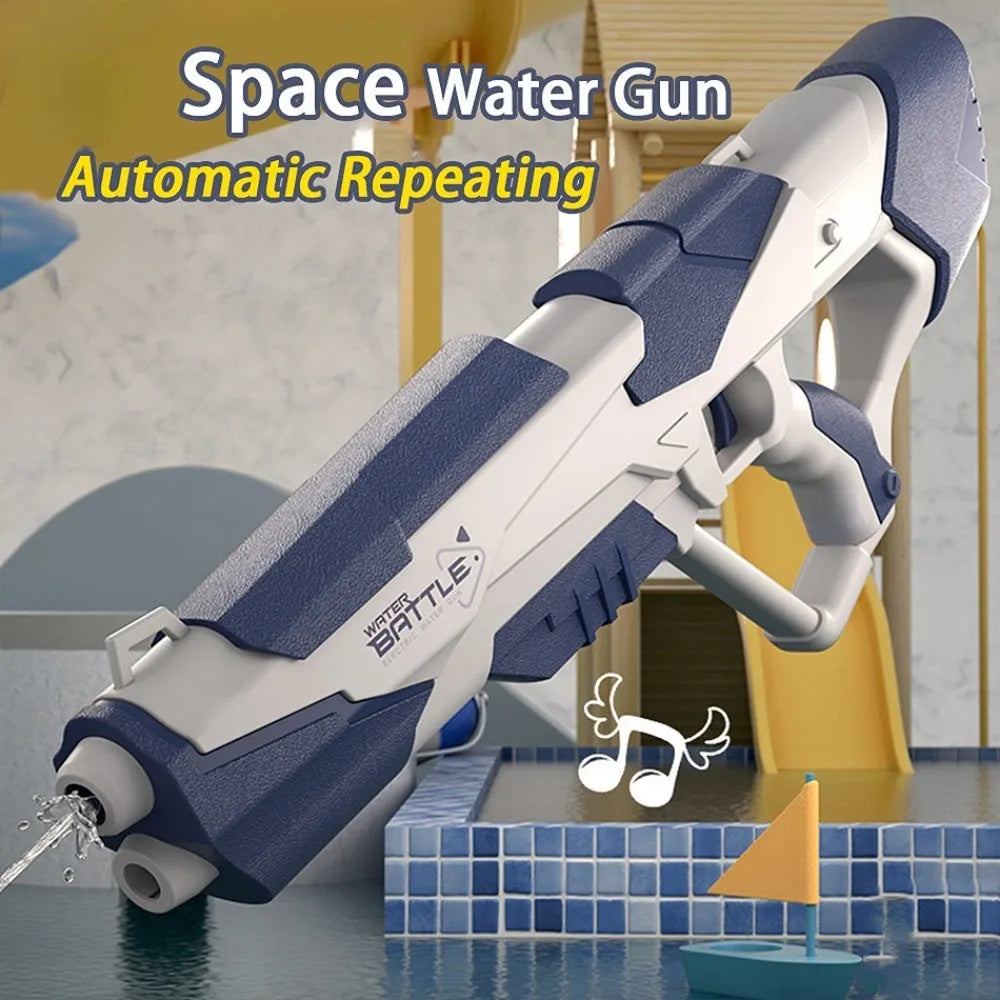 Blue electric water gun with USB charging cable and 358ml water capacity for outdoor play