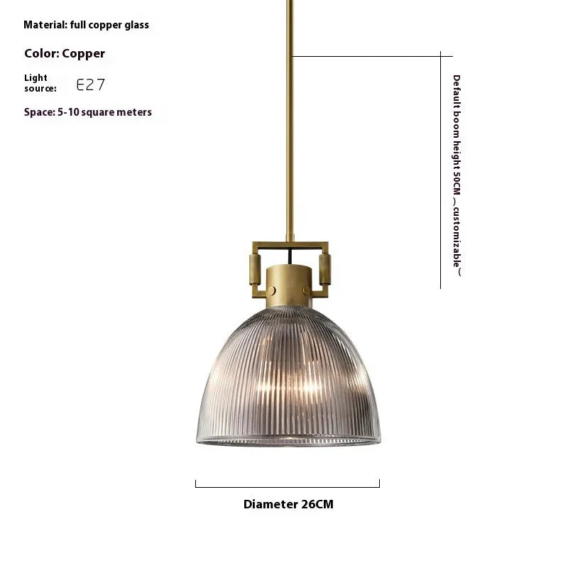 American retro striped glass chandelier with copper metal frame and transparent glass cover, 36cm diameter