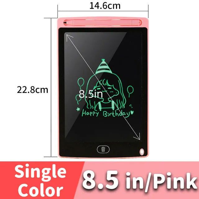 LCD drawing tablet for kids in light blue, showing colourful lines drawn with a plastic stylus.