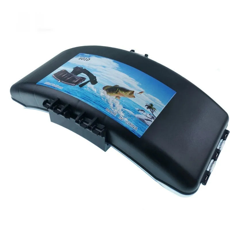 Portable folding stream fishing waist box in black plastic for lure and bait storage