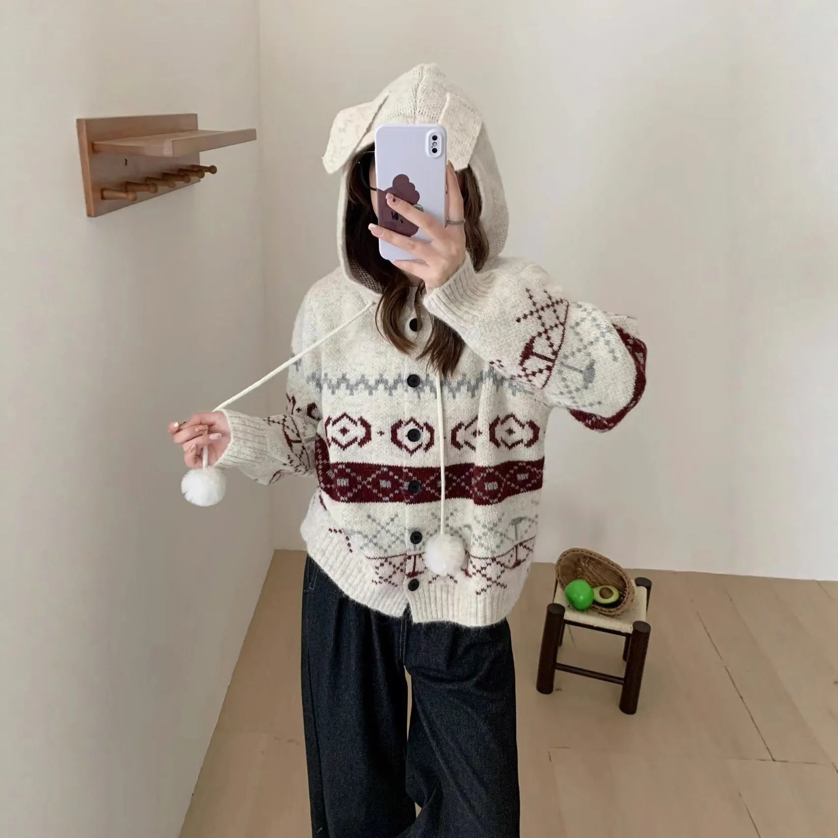 Women's plus size geometric pattern brocade sweater coat in loose fit beige colour