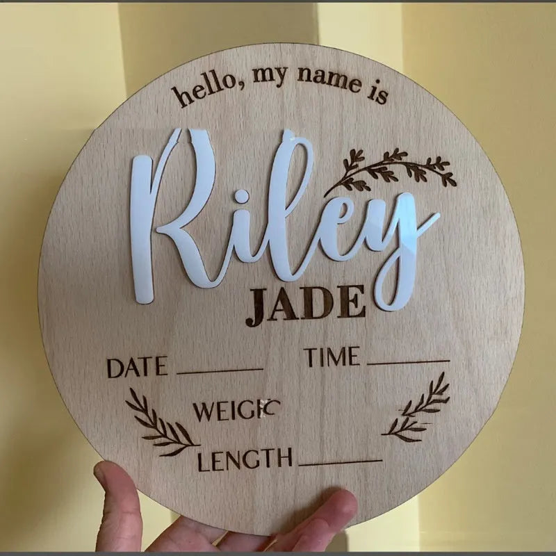 15x15cm square wooden plaque for baby name and birth information display in a nursery