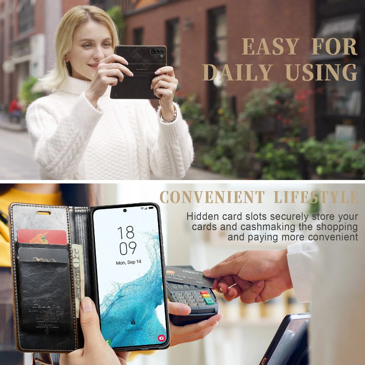 Crazy horse pattern PC leather card flip phone case for Samsung Galaxy A55, showing card slot and magnetic closure