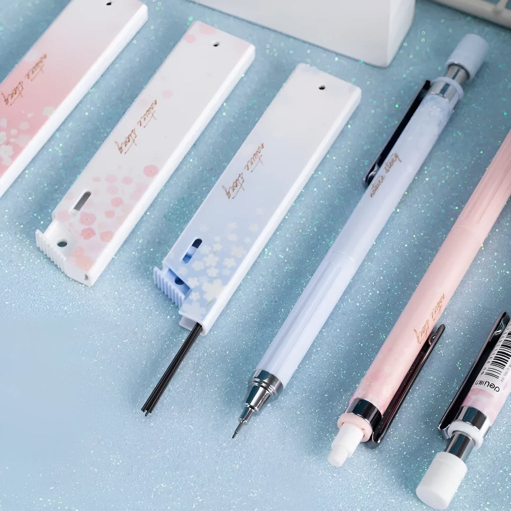 Simplified cartoon automatic pencil set with three 0.5mm HB pencils and refill boxes in mixed colours