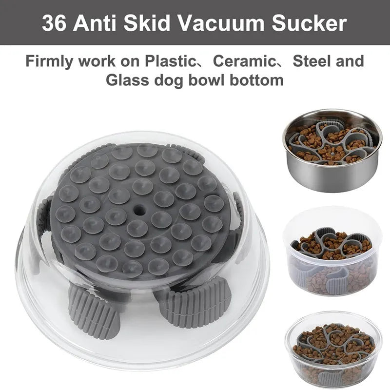 Grey silicone dog slow feeder insert with spiral design and suction cups on base
