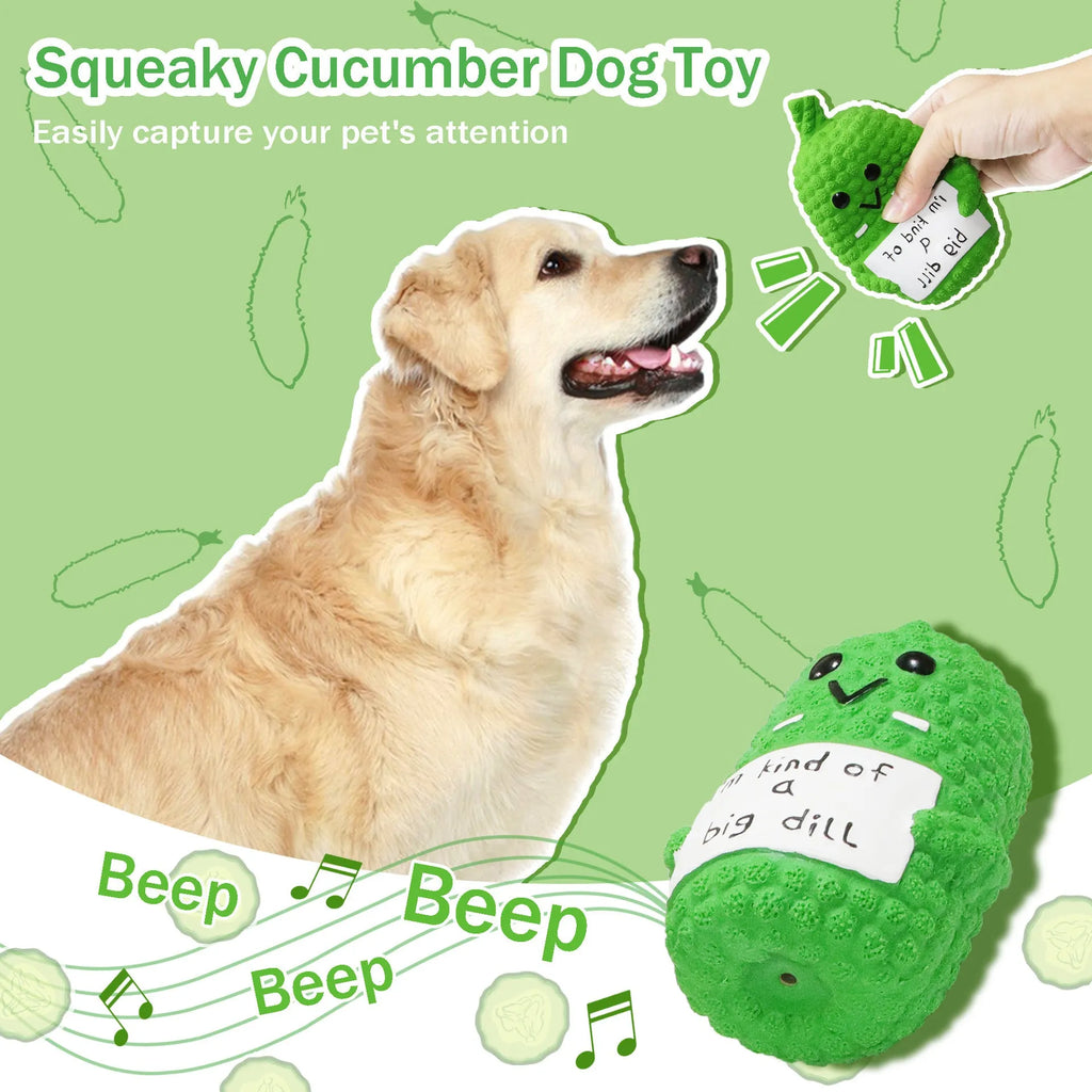 Bright green pickle-shaped dog chew toy with textured nubs on a white background.