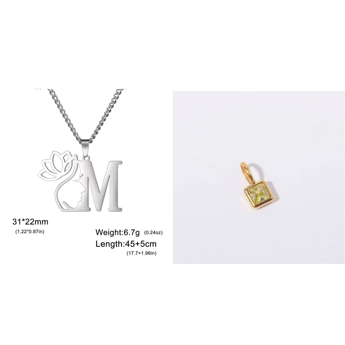 Stainless steel necklace with cross chain and a single initial pendant in a gold or silver finish.
