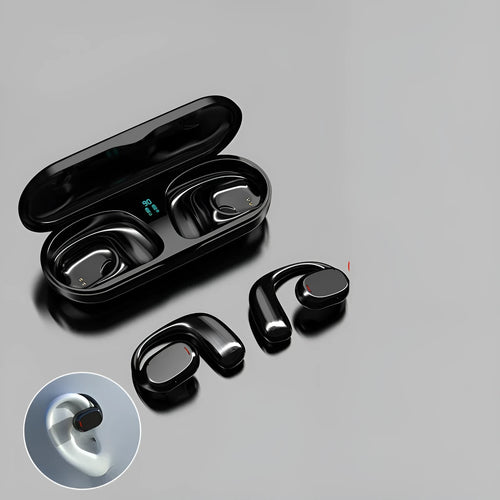 Black and white wireless earplug Bluetooth headphones with charging case